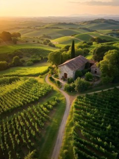 AI generated aerial view of a rustic vineyard cottage nestled amidst lush summer colored vine