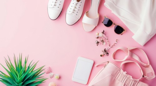 Stylish fashion vacation accessories in flat lay for vacation on beach in warm countries, AI