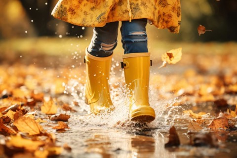 Girl child in yellow rubber boots running through puddle in autumn. KI generiert, generiert, AI