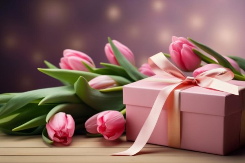 Gift Box with Pink Ribbon Beside bouquet of Fresh Tulips on Bokeh Background. Good for Valentine