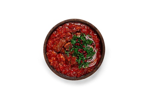 Chashushuli, a traditional Georgian dish, spicy, stewed meat with tomatoes and spices, homemade, no