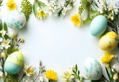 Easter card with delicate hand-drawn illustrations, placed among fresh flowers and decorated eggs,