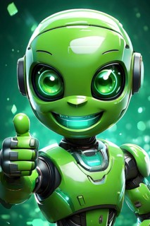 Friendly smiling green robot with a thumb up symbolizing artificial intelligence, AI generated