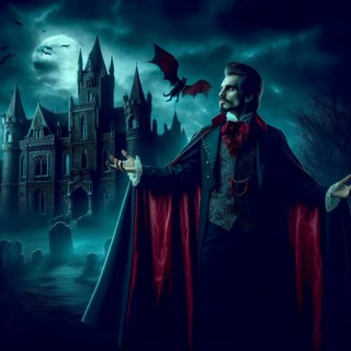Mythology, the vampire Count Dracula in front of a cemetery with bats and his castle, AI generated,