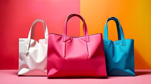 Assorted vibrant shopping bags lined up in front of a colored background, AI generated