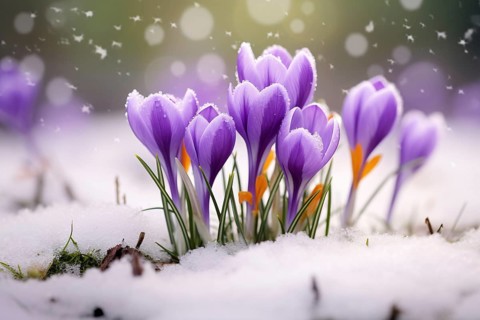 Violet crocus spring flowers in snow. KI generiert, generiert AI generated