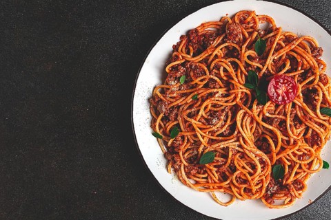 Spaghetti Bolognese, top view, close-up, no people, homemade