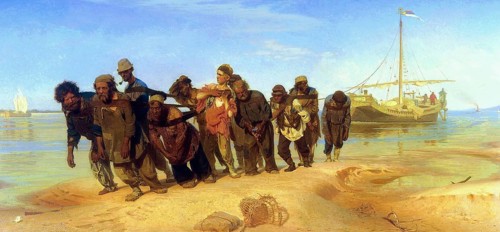Barge tug on the Volga, 1873, oil on canvas. Ilya Repin (1844-1930), Russian artist. Peasants in
