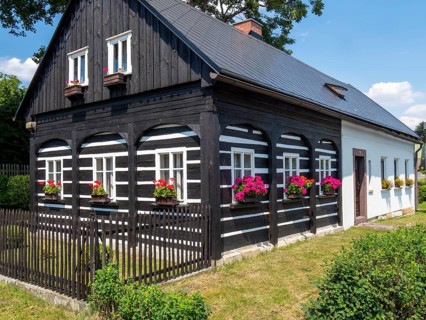 Colourful old half-timbered house, log construction, half-timbered, restored, Lusatian Mountains,