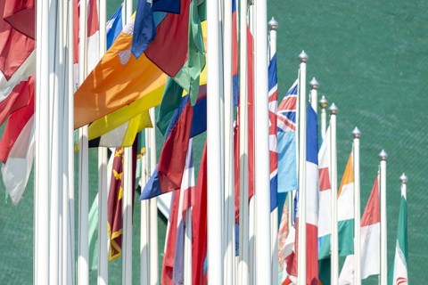 Many flags in front of the United Nations Conference Centre, Bangkok, Thailand, Asia
