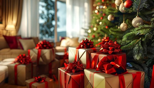 Beautiful wrapped Christmas gifts with shiny ribbons and bows stacked under a evergreen tree in a