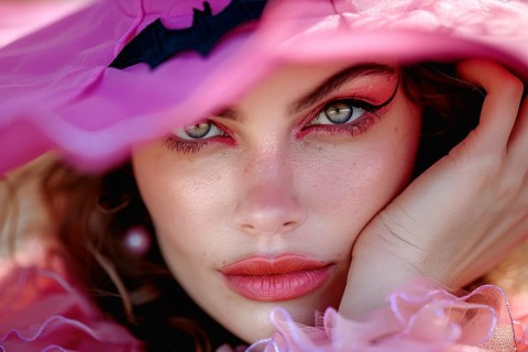 Portrait of young woman dressed up with pink Halloween witch costume. Generative AI, AI generated
