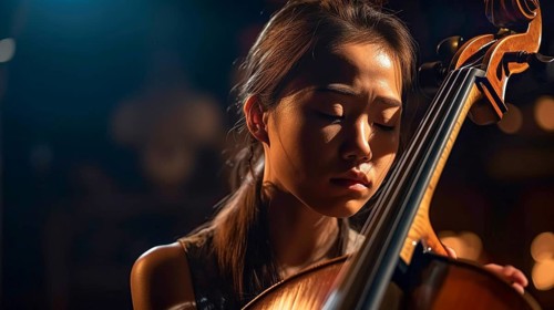 Young asian girl playing her cello at the concert hall under dramatic lights, generatvie AI, AI