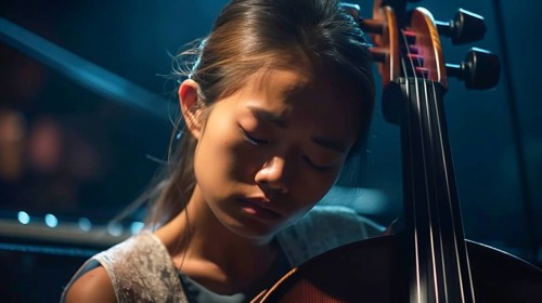 Young asian girl playing her cello at the concert hall under dramatic lights, generatvie AI, AI