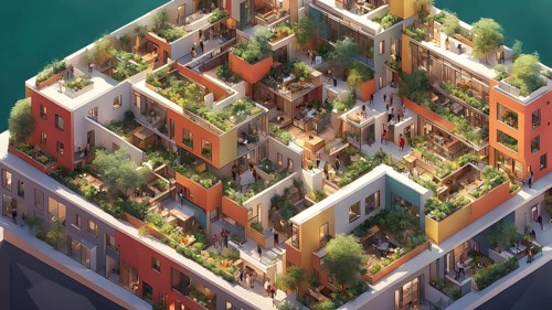 3d render of a compact community of interconnected artists studios in co living, AI generated