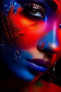 Close up portrait of an intricate eye makeup with vividly colored eyelids, AI generated