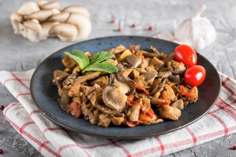 Fried oyster mushrooms with tomatoes on gray concrete background. side view, close up