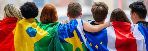 Patriotic people wrapped in international flags to show unity during times of political crisis, AI