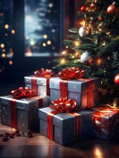 Beautiful wrapped Christmas gifts with shiny ribbons and bows stacked under a evergreen tree in a