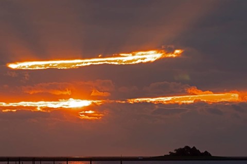 Sunset over Hallig Hooge, Warft, North Frisia, Schleswig-Holstein, Germany, Europe