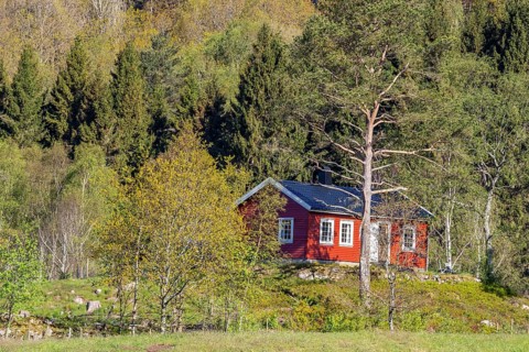 Typical red and white wooden norwegian house, near Cape Lindesnes at the Lenefjord, Norway, Europe