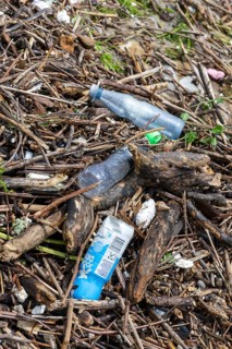 Symbolic image environmental pollution, plastic waste, rubbish, flotsam from a flood on the Neckar