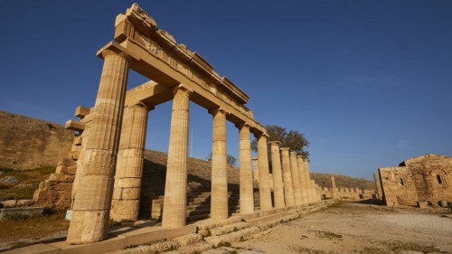 Acropolis of Lindos, morning light, Propylaea, Lindos, Rhodes, Dodecanese, Greek Islands, Greece,