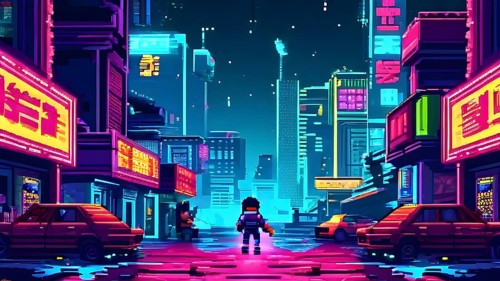 Pixel art illustration of a classic arcade game scene with characters navigating through obstacles,