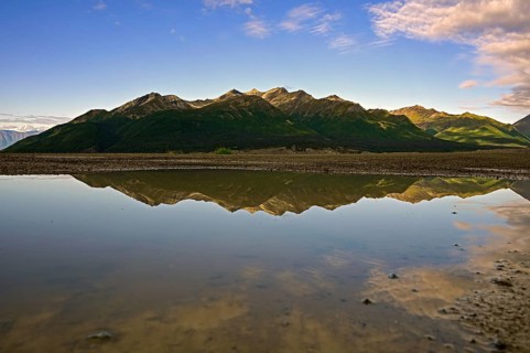 Reflection of the Wrangell Mountains from the Kennecott Copper Mine, Alaska, USA, North America