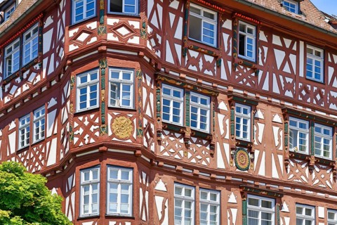 Mosbach, Germany, June 2021: Corner of facade of old historic timber framing building called