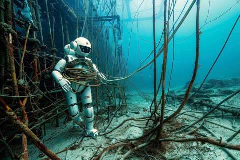 Futuristic humanoid robot entangled in submarine communication cables, AI generated