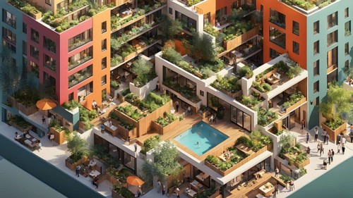 3d render of a compact community of interconnected artists studios in co living, AI generated