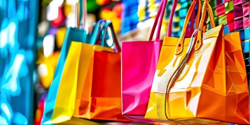 Assorted vibrant shopping bags lined up in front of a colored background, AI generated