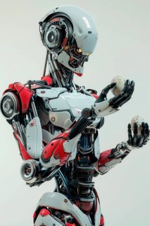 Futuristic humanoid robot holding eggs in his hand in front of white background, AI generated