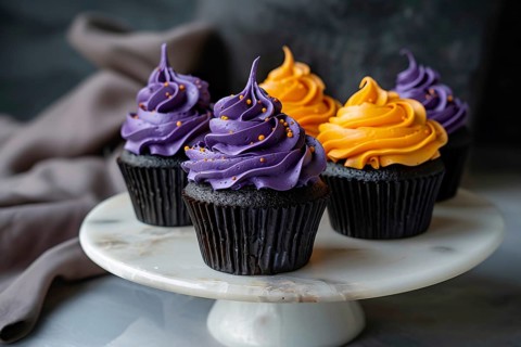 Black Halloween cupcake with purple and orange colored frosting. Generative Ai, AI generated