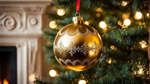 Christmas ornament hanging on a tree, with reflections of twinkling lights and fireplace flames