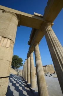 Super wide angle shot, Acropolis of Lindos, morning light, Propylaea with staircase, Lindos,