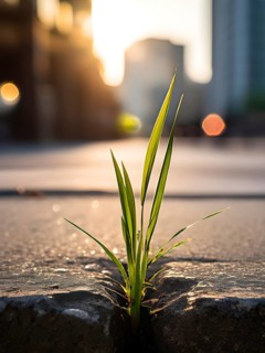 A single blade of grass pushing through a crack in a concrete sidewalk, representing the simplicity