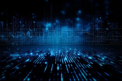 Blue dynamic digital data streams, showcasing flowing lines of code in a mesmerizing pattern, ideal