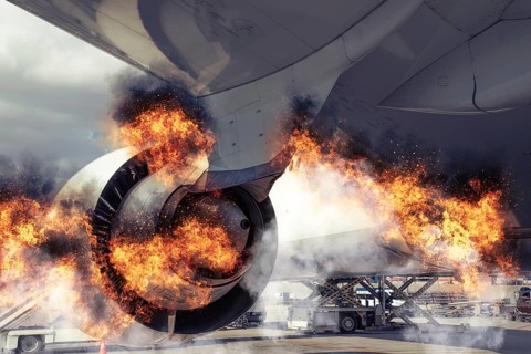 Grounded plane in the airport experiencing a catastrophic failure event caused by burning engine,