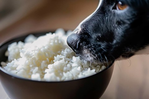 Dog eating light food rice out of bowl. Generative Ai, AI generated