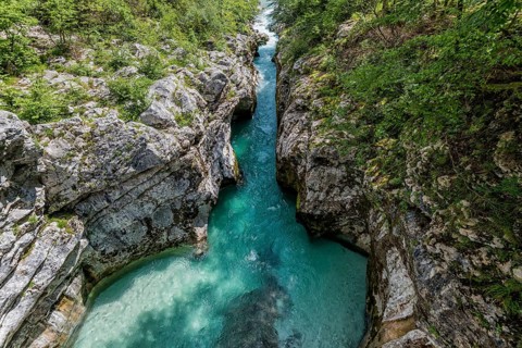 Wild river Soca flows through gorge, Triglav National Park, Soca Valley, Slovenia, Europe