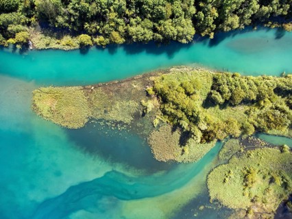 Top view of the river Klön, also called Chlü, flowing into the Klöntalersee, Klöntal, Canton