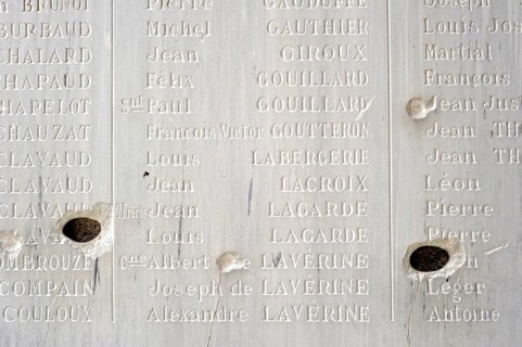 Bullet holes inside the church. The burnt village of Oradour-sur-Glane was destroyed on 10 June
