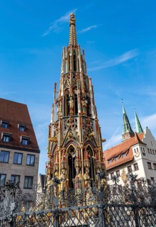 Beautiful fountain on the main market square, Old Town, Nuremberg, Middle Franconia, Bavaria,