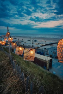String of lights on the beach at blue hour, Zandvoort, Netherlands