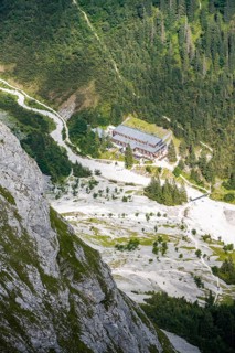 Höllentalangerhütte in the Höllental, Wetterstein Mountains, Garmisch-Patenkirchen, Bavaria,