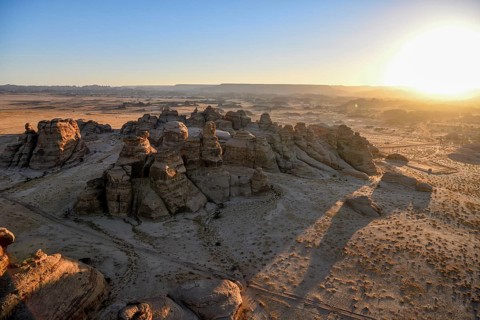 Rock landscape at Jabal Ithlib, blue hour, aerial view, Hegra or Mada'in Salih, AlUla region,