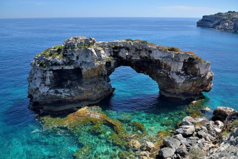 Natural arch Es Pontas, near Cala Llombards, Majorca, Balearic Islands, Spain, Europe