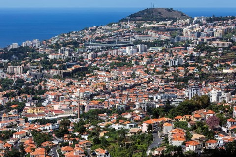 View from the botanical garden in Funchal, Jardim Botanico, to the city of Funchal, Madeira,